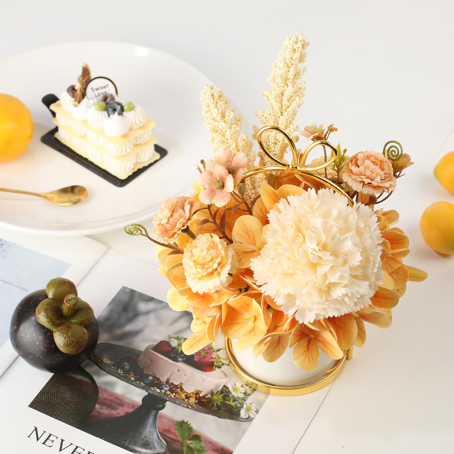 UBOSU Artificial Flower Arrangement with Vase, Champagne Hydrangea Carnation in White Ceramic Pot with Gold Stand, Small Centerpiece for Wedding Dining Room ﻿