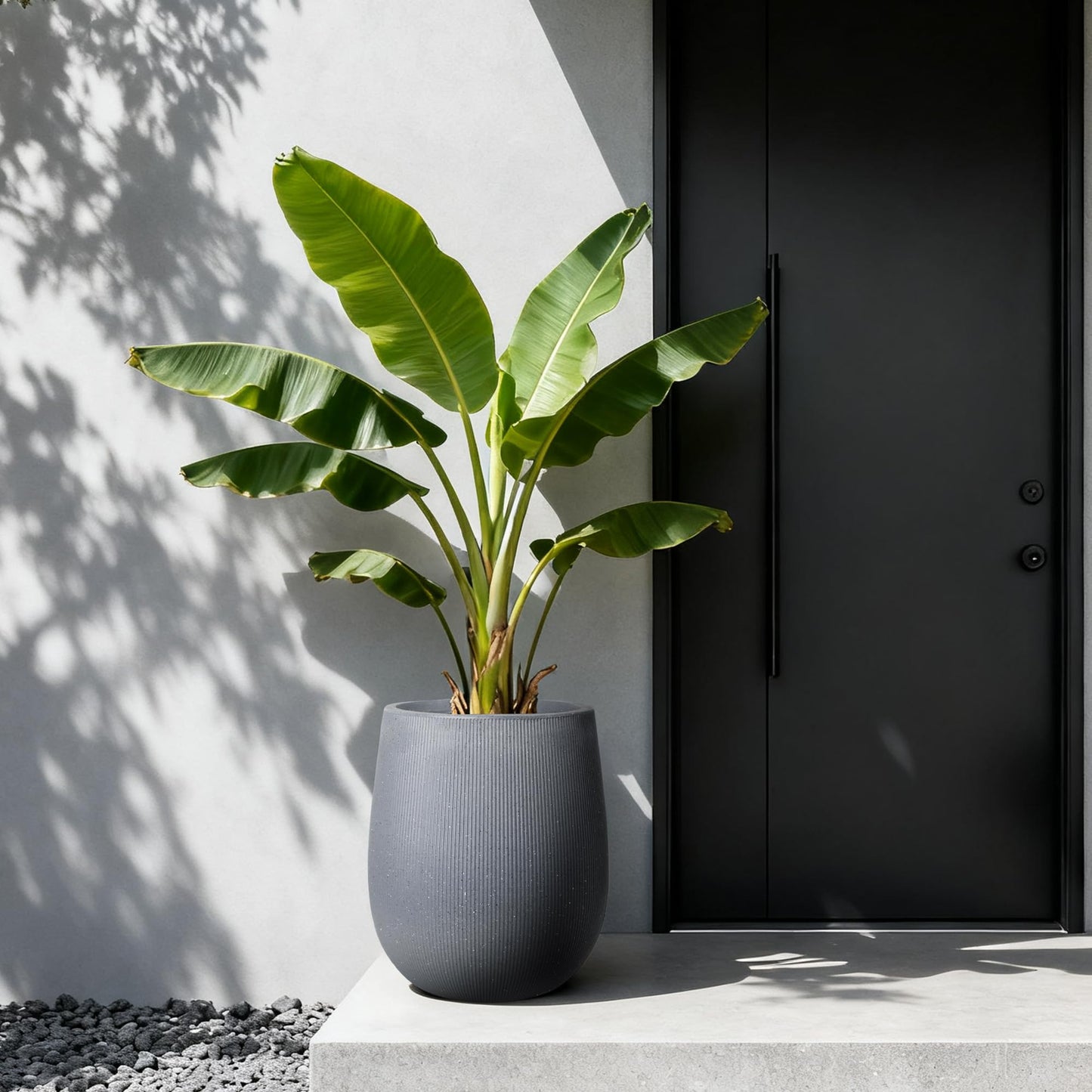 Worth Garden Large Dark Gray Round Planter, 12.5" x 18.5" Lightweight Magnesium Oxide Cement Plant Pot with a Striped Textured Finish, Raised Pattern Concrete Look, Drainage Hole, Indoor & Outdoor