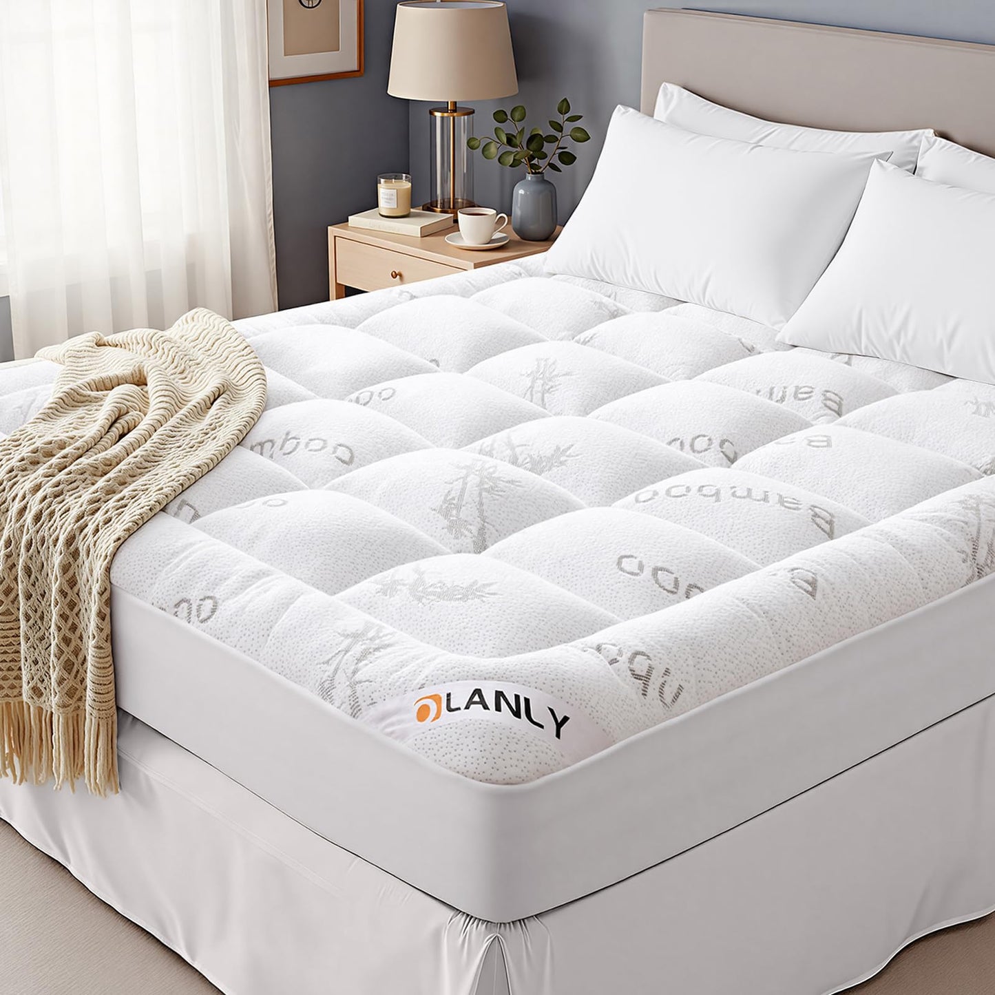 OLANLY Queen Mattress Topper, Bamboo Viscose Cooling Pillow Top Mattress Pad, Soft Plush Down Alternative for Firm Mattress, Back & Hip Pressure Relief, Machine Washable, Deep Pocket, White