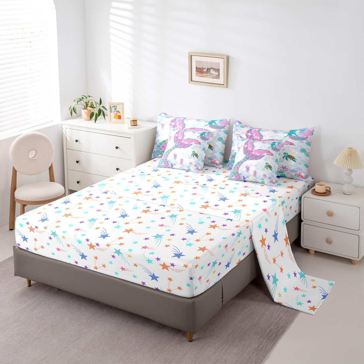 Ocean Mermaid Queen Comforter Set with Sheets | Nautical Sea Animal Kawaii 7 Piece Bedding Set Mermaid Gifts for Girls Jellyfish Sea Turtle Bed in a Bag, Glitter Sequins Print Fish Scale Room Decor