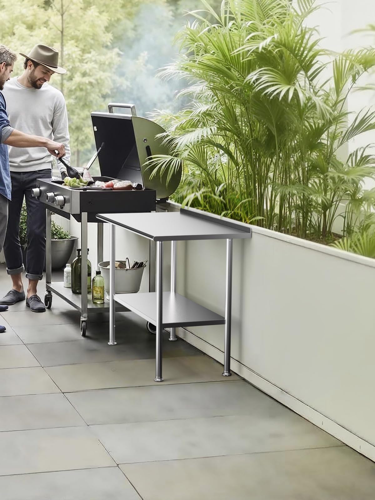 Atelicf All-Stainless Steel Prep Table, 24 X 48 Inch, with Rounded-Corner Backsplash and Adjustable Undershelf, Heavy-Duty for Outdoor Use,Restaurants,Hotels,Workshops,Kitchens,Gardens, and Garages