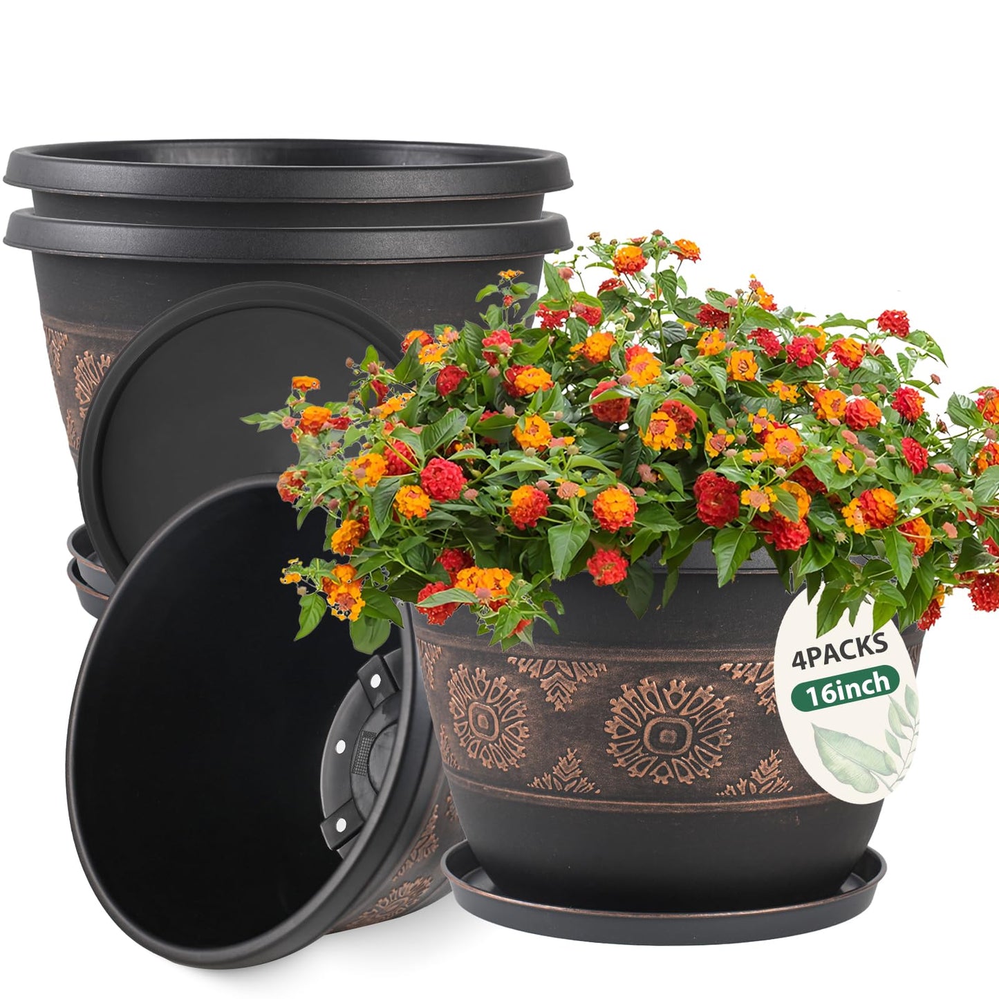 Usocik 4 Pack 16 inch Plant Pots, Retro Pattern Planters with Drainage Holes and Saucer, Sturdy Plastic Garden Flower Pots for Indoor & Outdoor Plants