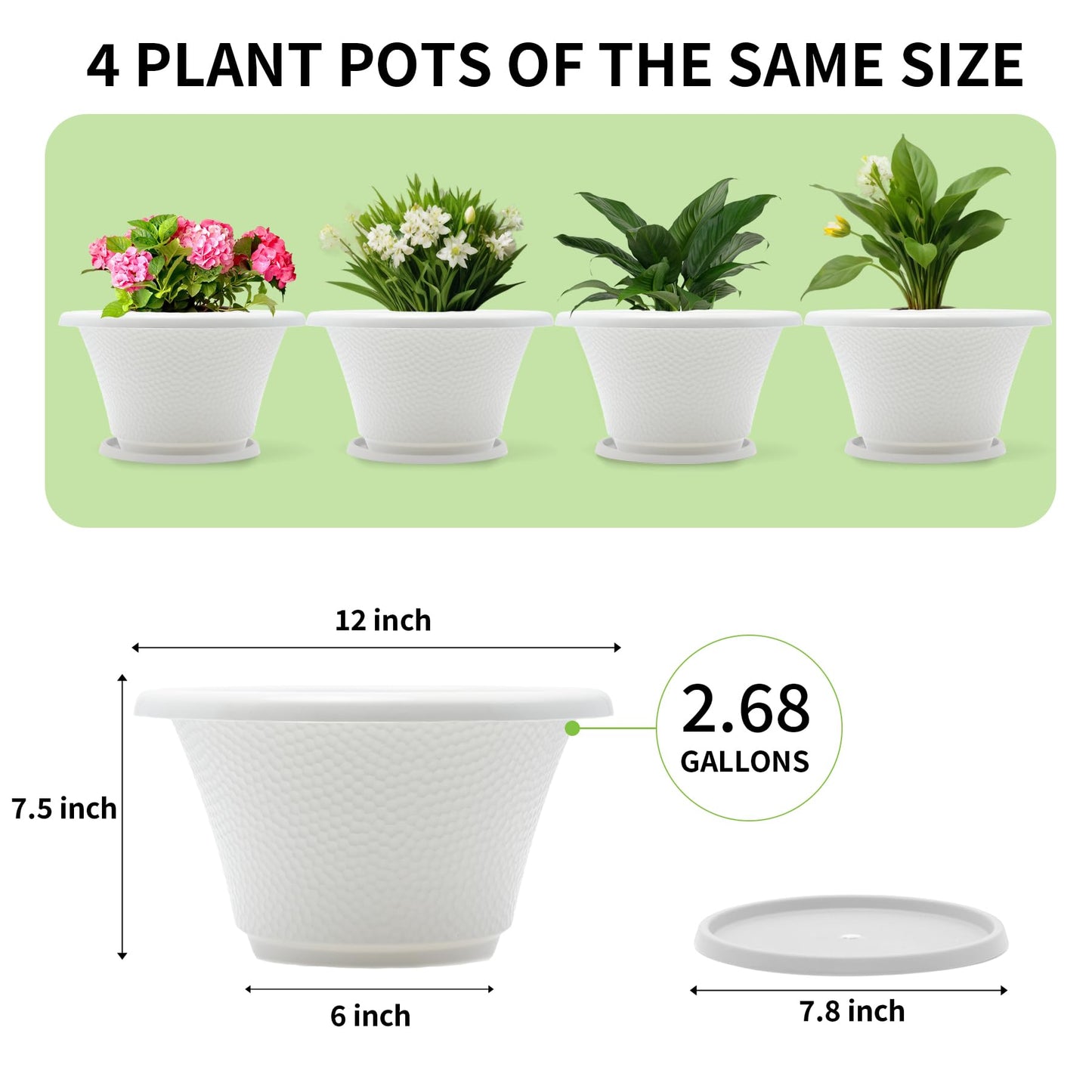 Quarut 12 Inch Plant Pot,4 Pack Large pots for Plants,Flower Pots with Drainage Hole & Saucer,Modern Planters for Indoor Outdoor Plants,Decorative Resin Garden Pots,White