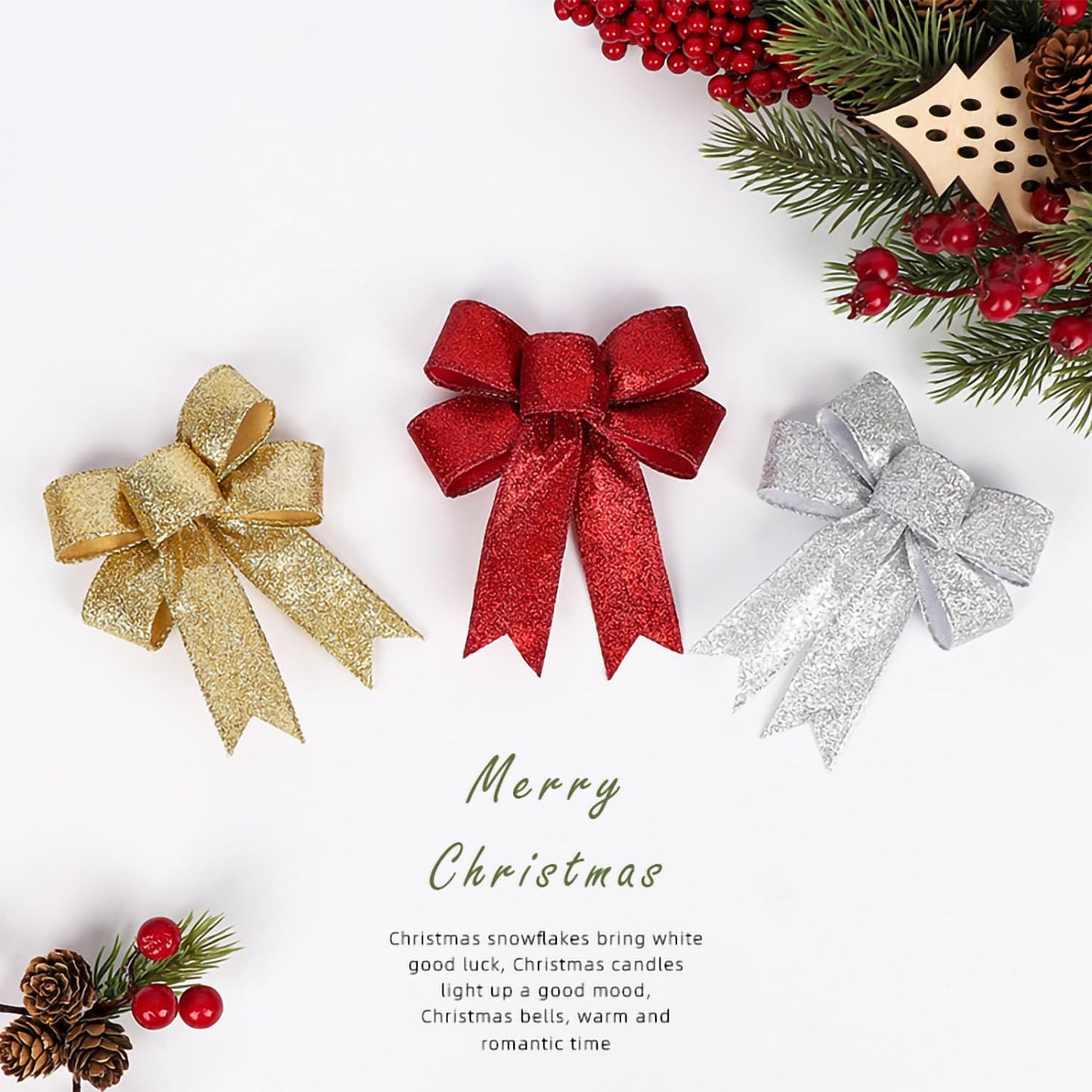 Voeveca 10 Pack 4 inches Shiny Red Christmas Bow Christmas Tree Bows Wreath Decorative Pendant Christmas Decorations Red, Silver, Gold (10, Gold)