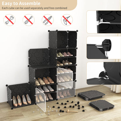 WEXCISE Portable Shoe Rack with Door, 64 Pairs Cabinet Easy Assembly, Plastic Adjustable Shoe Storage Organizer Stackable Detachable Free Standing DIY Expandable 8 Tier Black