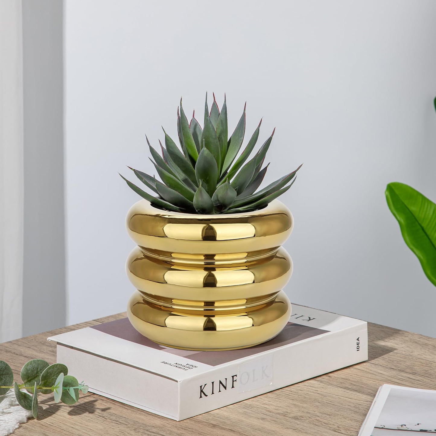 Briful Gold Ceramic Planter Pot with Drainage Hole 6in Polished Tiered Bubble Flower Planter Garden Pot for Indoor Plants Modern Home Office Decor