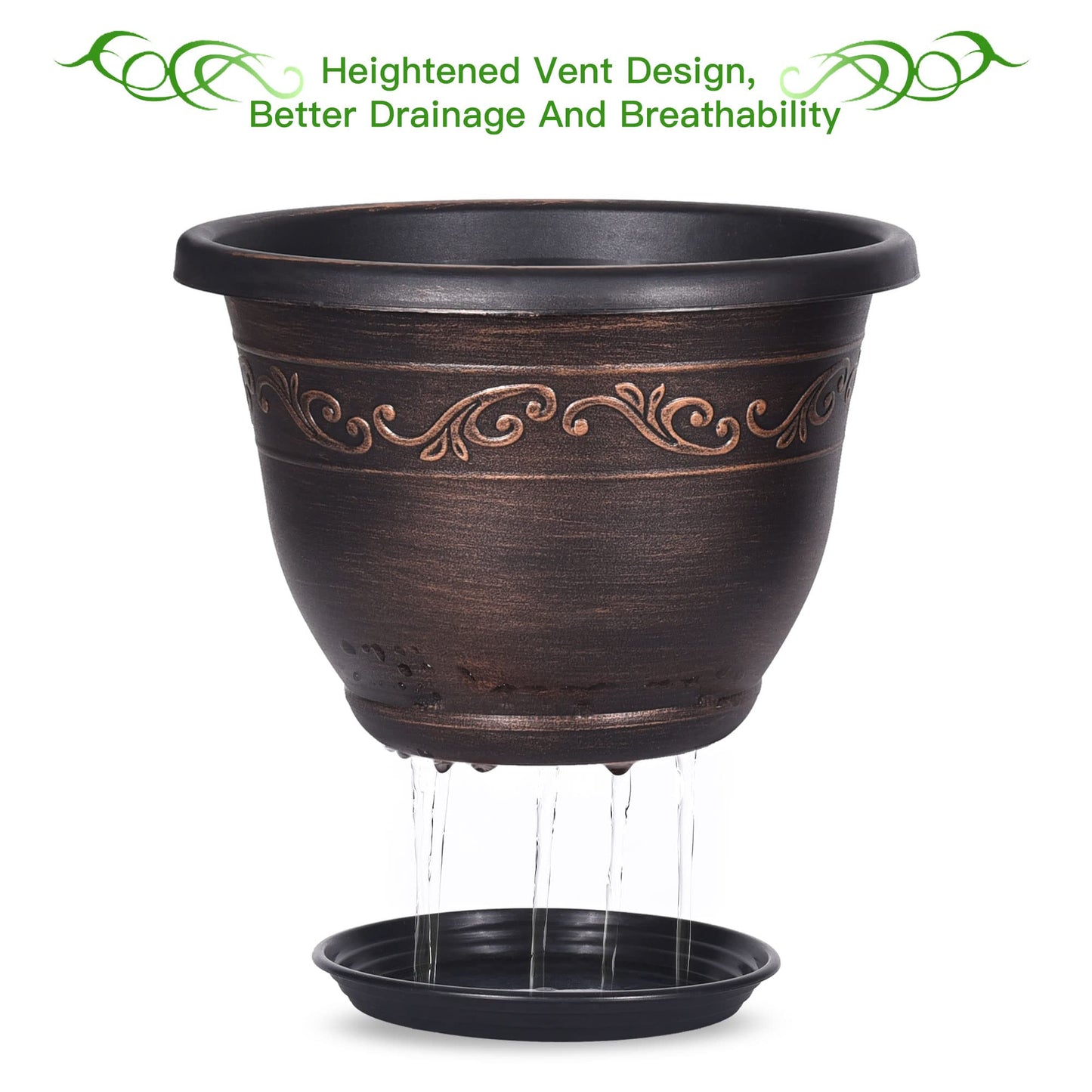 20cm-Plastic-Plant-Flower-Planters Indoor Outdoor, 6 Packs Lightweight Flower Pot With Drainage Hole & Saucer, Retro Antique Imitation Decorative Garden Pots For Houseplants