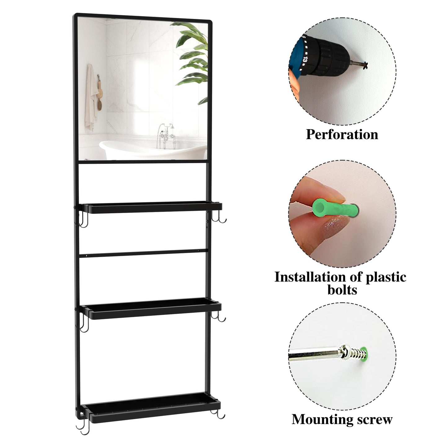 WONSTART 45" X 16" Black Wall Mirror with Shelf and Hooks, Rectangle Mirror for Wall, 3 Trays and 12 Removable Hooks,for Living Room, Hallway, Bedroom (Black-Square)