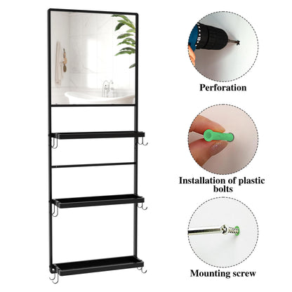 WONSTART 45" X 16" Black Wall Mirror with Shelf and Hooks, Rectangle Mirror for Wall, 3 Trays and 12 Removable Hooks,for Living Room, Hallway, Bedroom (Black-Square)