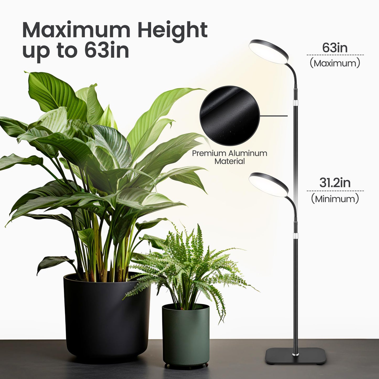 MistyJungle Plant Grow Lights for Indoor,20W Large Round Full Spectrum Warm Light with Gooseneck,63in Tall Stand Floor Growing Lamp, Auto Timer,10 Dimmable Levels for Tall Small Plants Flower Growth