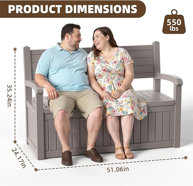 EasyUp 80 Gallon Wood Grain Style Outdoor Storage Bench, Waterproof and Lockable Deck Box Outdoor Storage Furniture for Patio,Garden,and Porch – Perfect for Storing Garden Tools and Cushions(Gray)