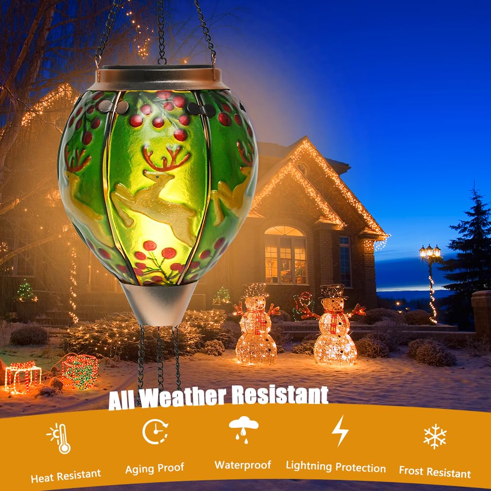 Solar Powered Hot Air Balloon Lantern - Reindeer Glass Lantern, Simulated Flickering & Dancing Flame, Outdoor Hanging Yard Light Waterproof IP65 for Patio Lawn Porch Christmas Decor Gift