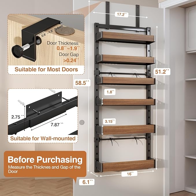6-Tier Over The Door Pantry Organizer, Heavy-Duty Metal Wall Mount or Hanging