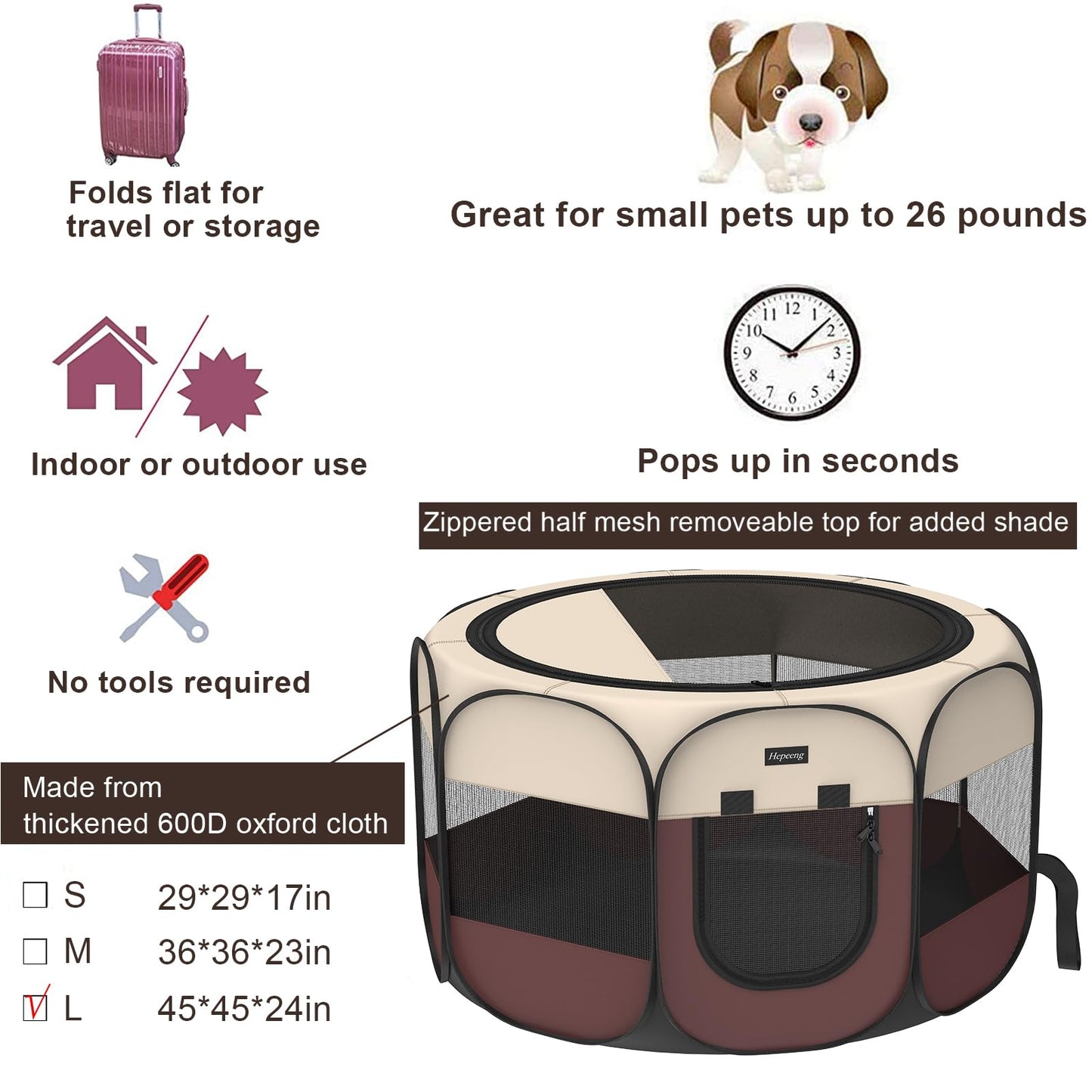 Hepeeng Portable Foldable Pet Dog Cat Playpen and Puppy playpen Pet Tent with Carrying Case Collapsible Travel Bowl Indoor/Outdoor Use with Water Resistant and Removable Shade Cover