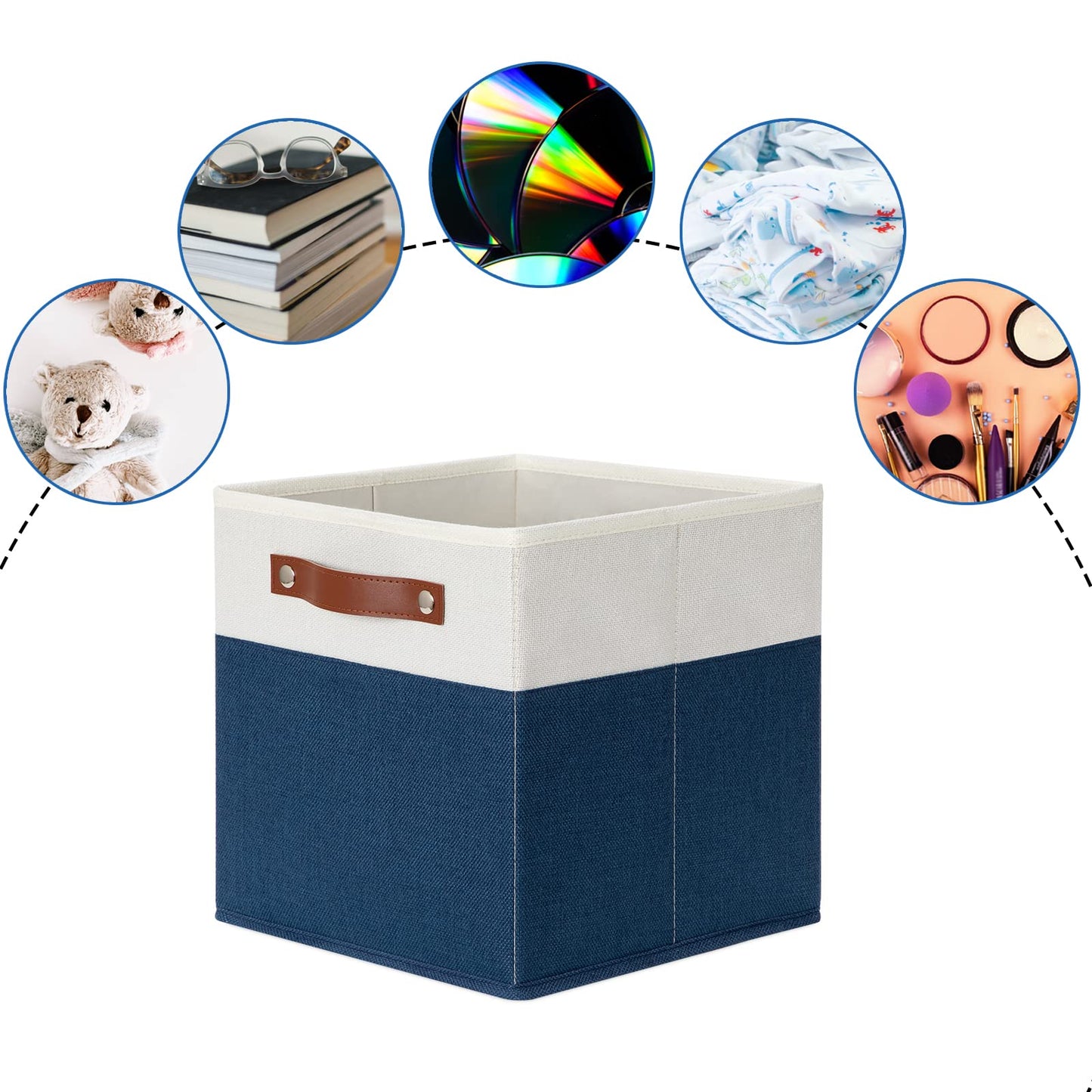 DULLEMELO Fabric Bins for Cube 11x11, Gift Baskets Empty for Boy Girl Mother Father Christmas Festival,Fabric Storage Bins Cube Organizer Baskets With Leather Handles(White&Blue)