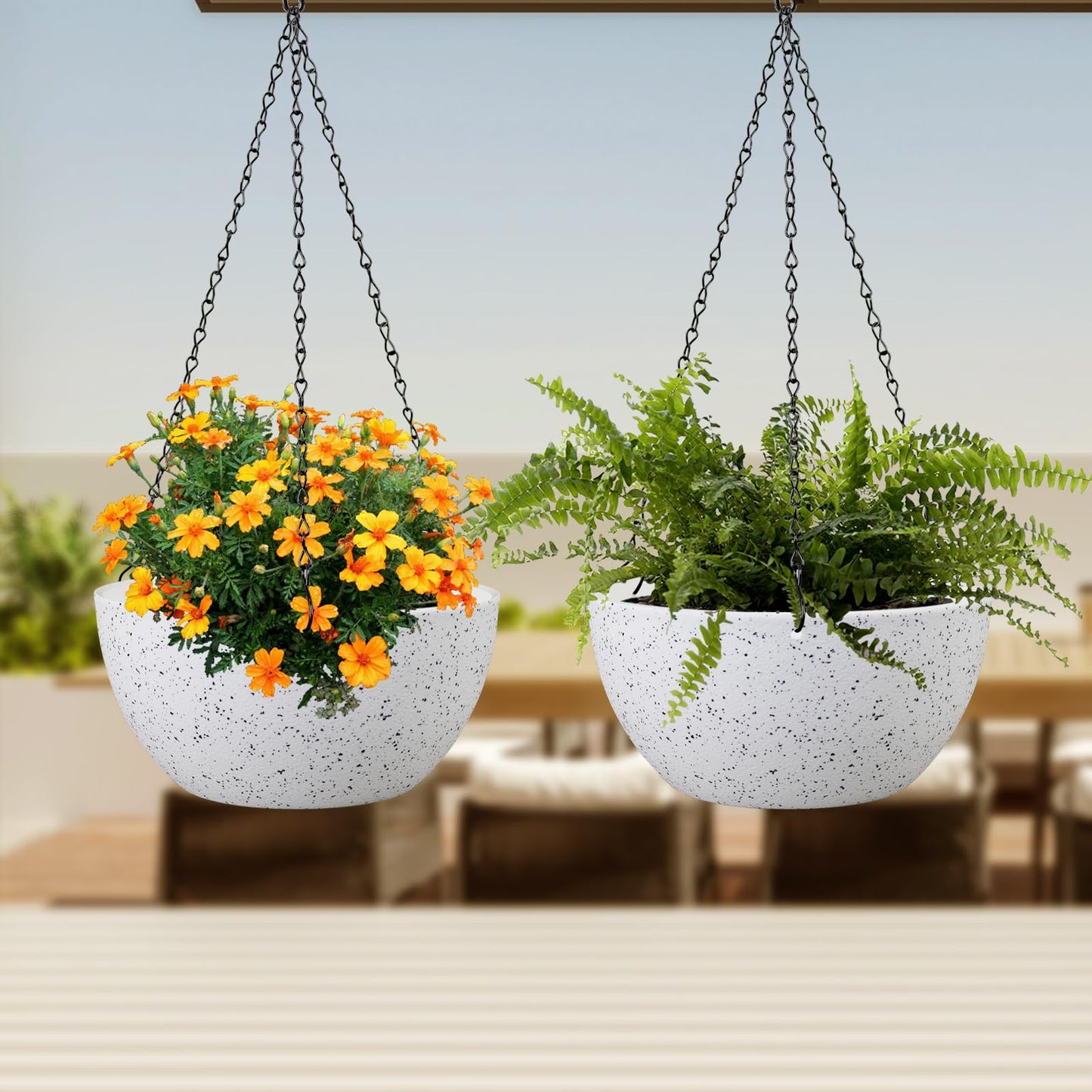 Meowell 8 inch Hanging Planters for Small Indoor Outdoor Plants, 2 Pack Hanging Flower Pots with Drainage Holes and Chain for Garden Porch, Plastic Hanging Baskets for House Plants, Speckled White
