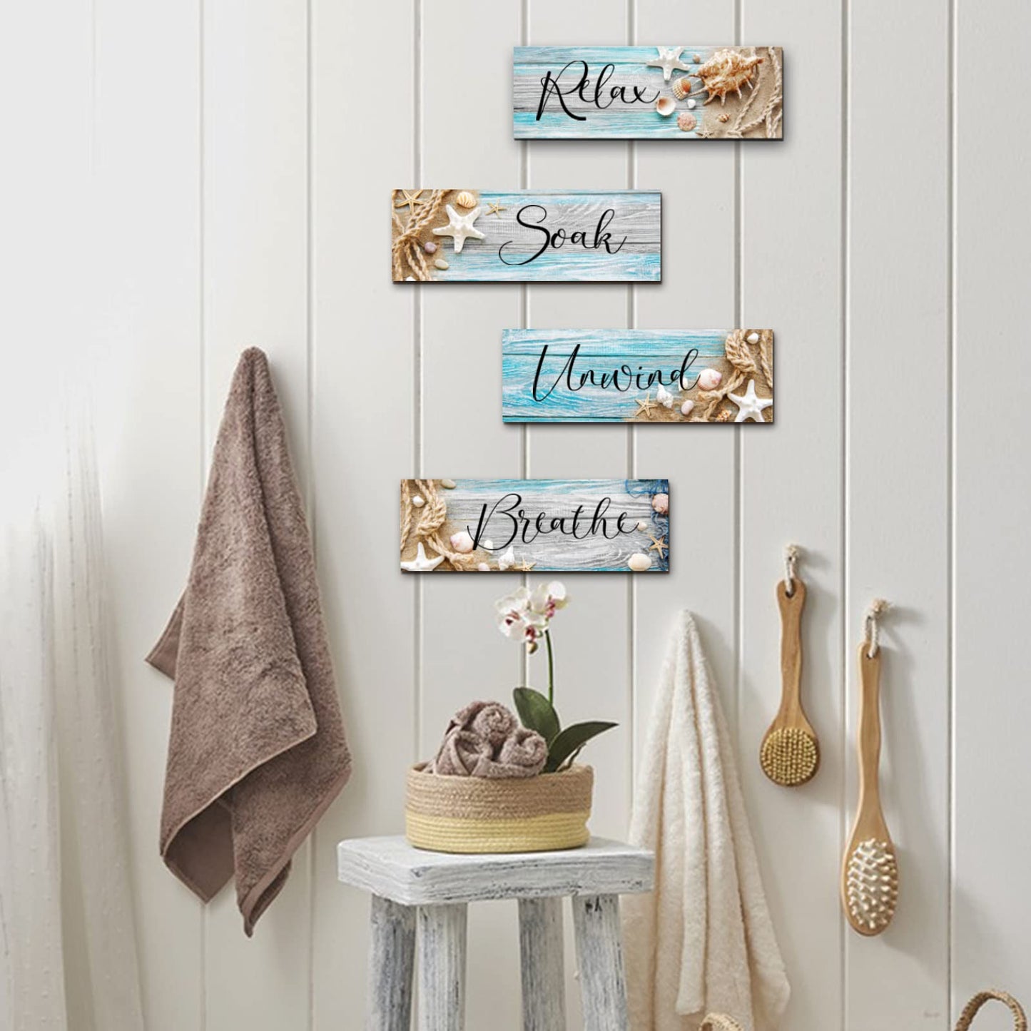 POILKMNI 4 PCS Ocean Beach Wood Relax Soak Unwind Breathe Art Sign Hanging Wooden for Decor Living Room Laundry Spa Washroom