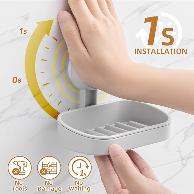 LEVERLOC Soap Dish Holder for Shower Suction Cup Wall Mounted Self Draining