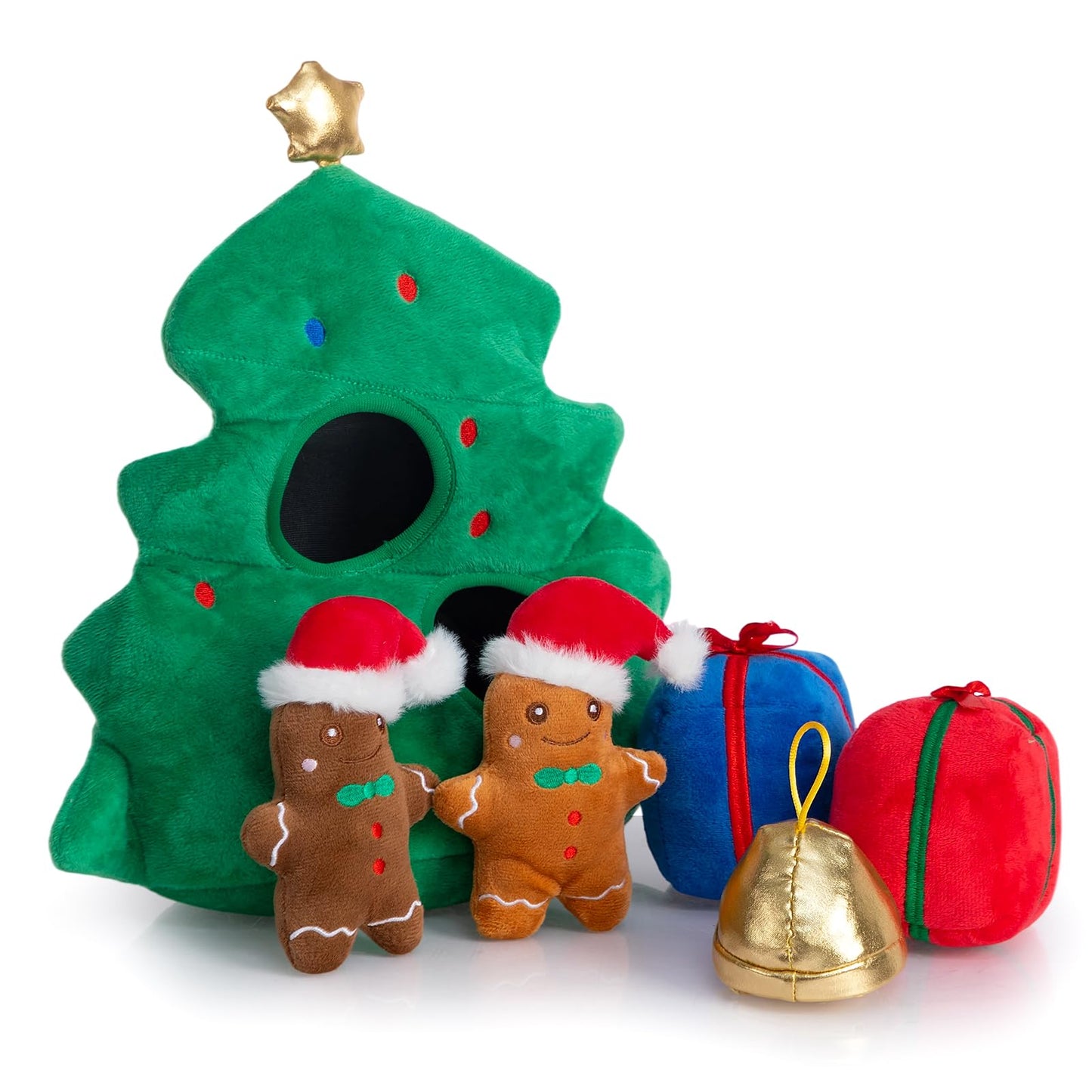 Hollypet Squeaky Dog Toy, Interactive Plush Hide and Seek Dog Toys for Small Medium Sized Dogs and Non-Aggressive Chewers, Puppy Teeth Clean Chew Toys, Christmas Tree