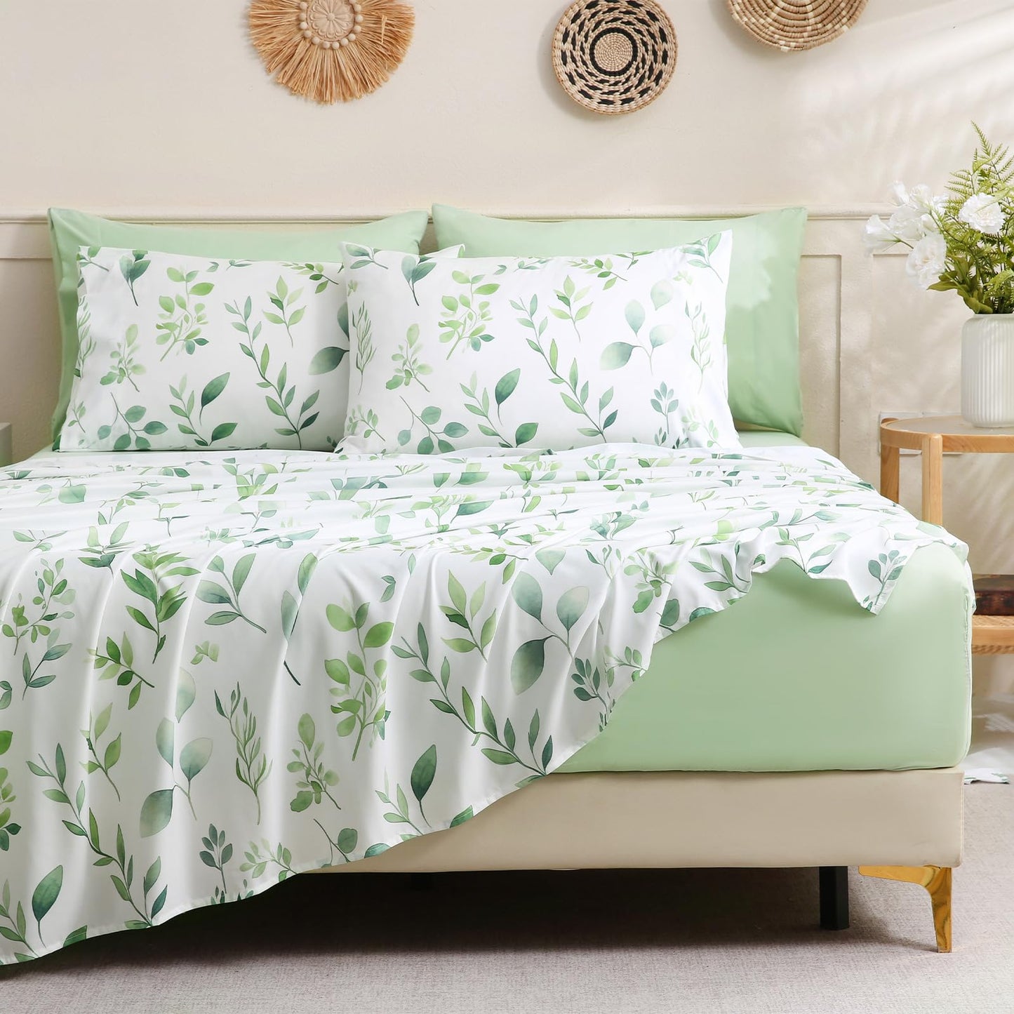 Botanical 6-Piece Full Size Sheets Set, Boho Floral Print Brushed Microfiber Sheets, Cooling Bed Sheet Set, Ultra Soft & Breathable, 16' Deep Pocket Fitted Sheet & Pillowcase Set, Sage Green Leaves