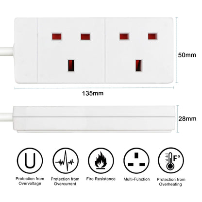 ExtraStar 2 Way Extension Lead, 13A Fused UK Plug Extension Socket, 1M Extension Cable Power Strip - White