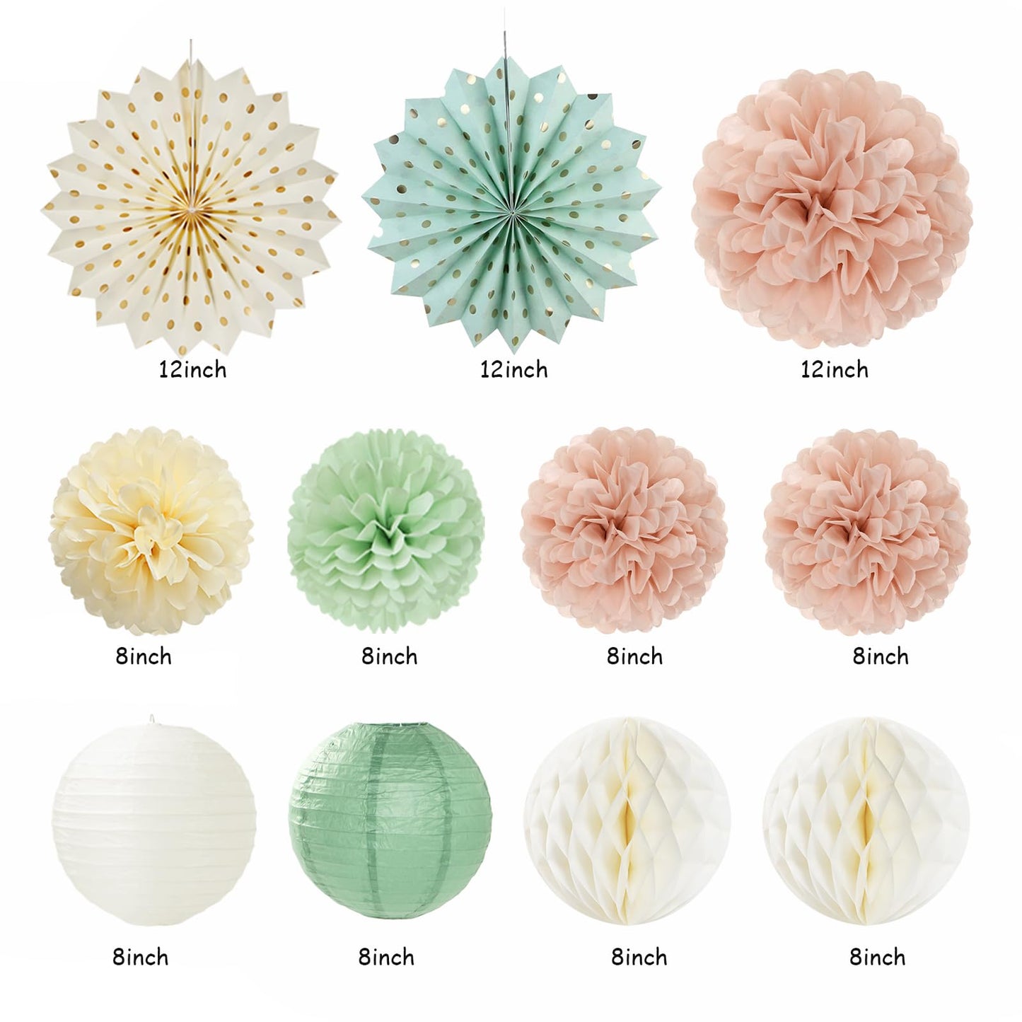 Sage-Green Blush-Pink Beige Birthday Party-Decorations - 21pcs Happy Banner,Cream Light Dusty Pink Paper Lanterns Pom Poms,Rustic Boho Neutral Streamers Garland,Women Girls Decor Supplies Huglony