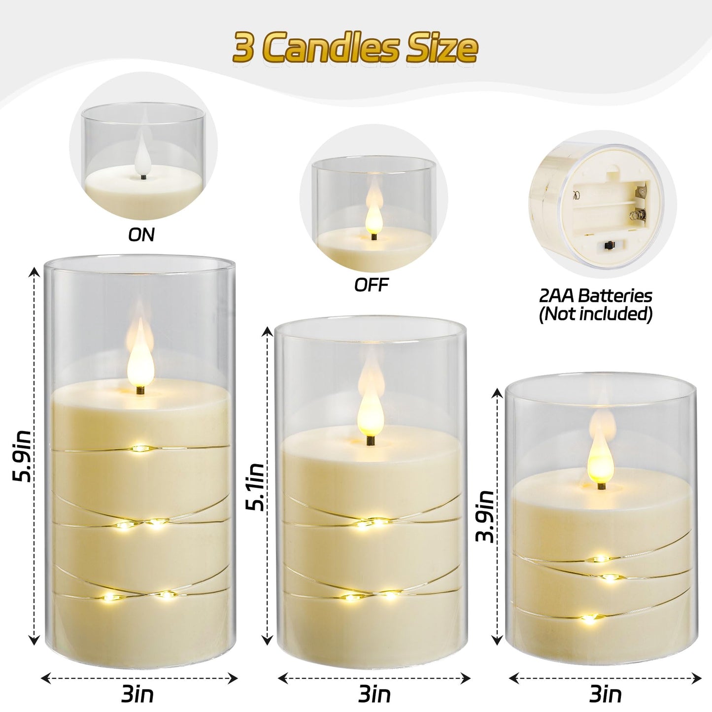 Da by 3 Pack Ivory Transparent Acrylic Flameless Taper Candles, Flickering Black Wick LED Candles with Fairy String Lights, Heat Resistant ABS Candles with Remote for Home Patio Decor