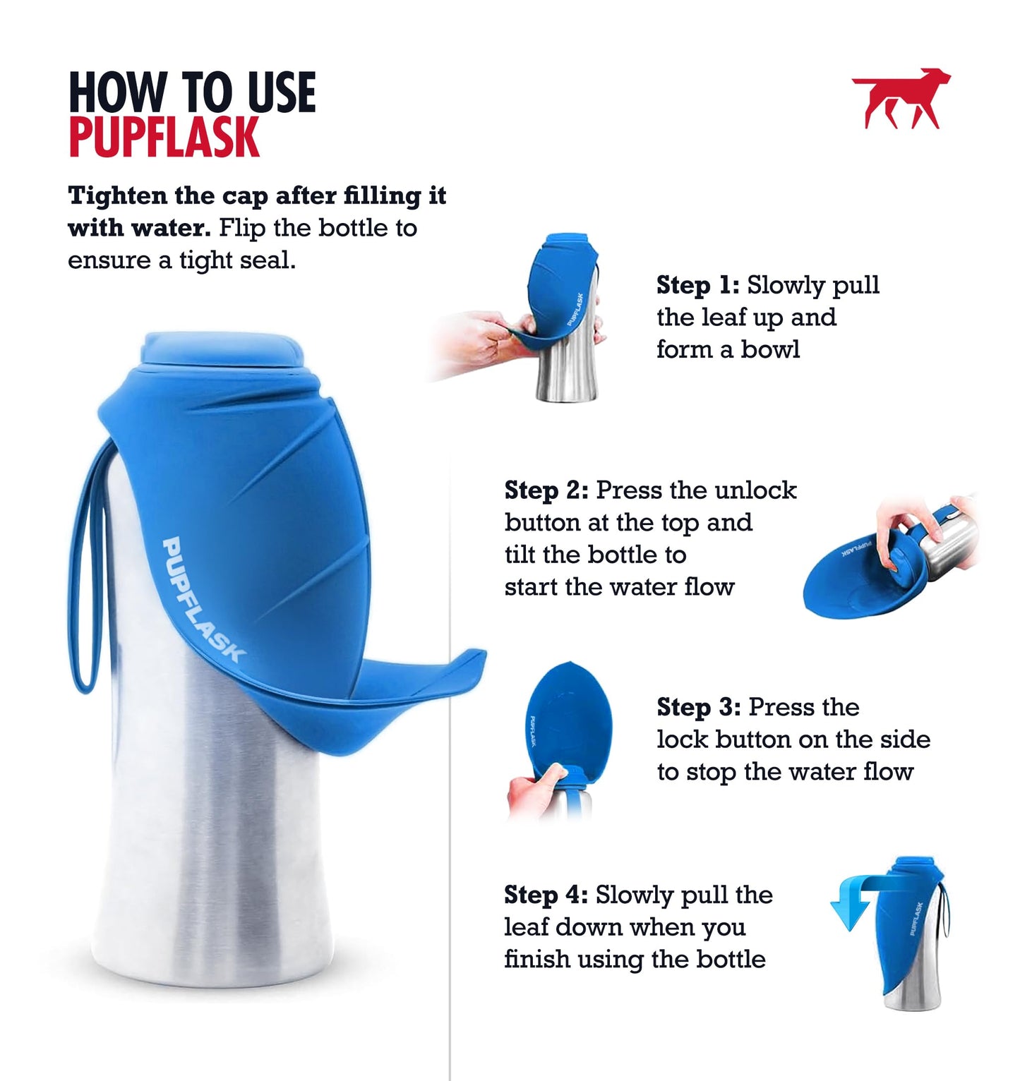 PupFlask Large Dog Water Bottle | 27 or 40 OZ Stainless Steel | Convenient Dog Drink Dispenser | Puppy Travel Water Bowl | Portable Pet Hydration Bottle | Leak Proof | Perfect Size for All Breeds