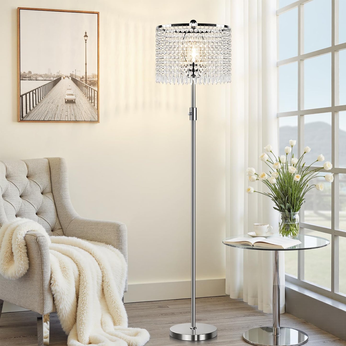 Yemela 【Upgraded】 Dimmable Crystal Floor Lamps for Living Room, 1000LM LED Bulb Included, Standing Lamp with Knob Switch, Tall Silver Modern Floor Lamp for Bedroom Nursery Office Reading