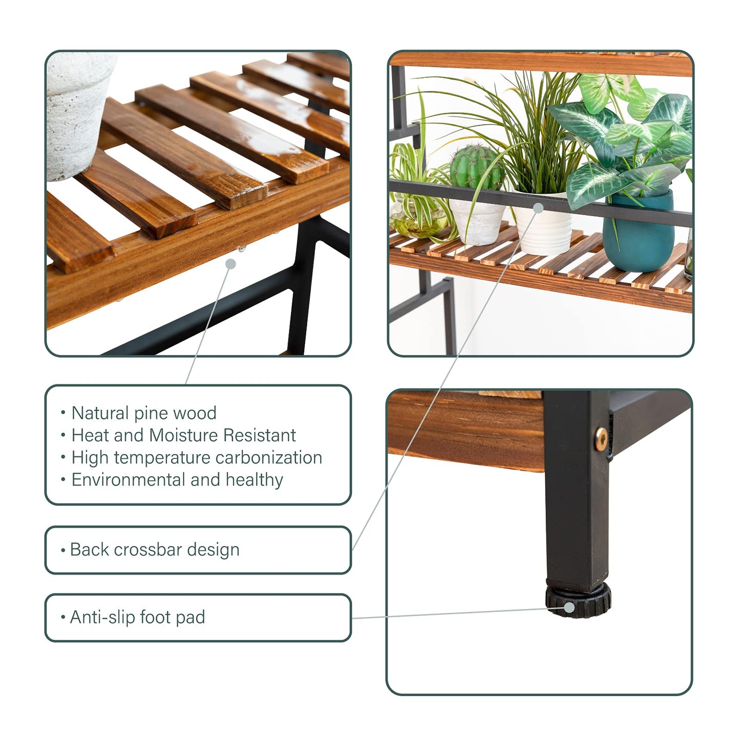 ULIKE Plant Stand Outdoor Indoor Hanging Plant Shelf for Multiple Plants 3 Tier Tall Plant Stand Wood Rack with Metal Frame for Patio Garden Balcony