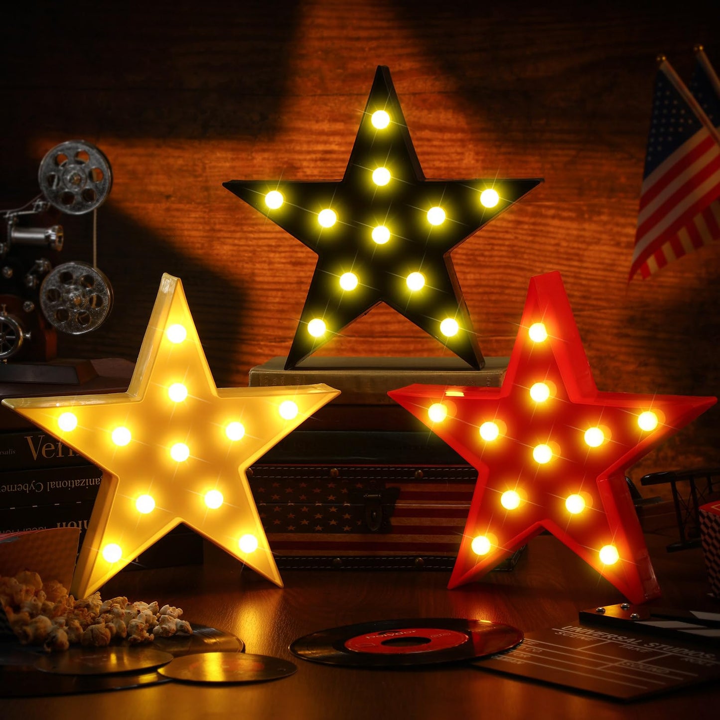 VIHOSE 3 Pcs Marquee Star Lights LED Star Signs Light up Movie Theater Decor Battery Operated Night Light for Gifts Birthday Party Home Movie Decor(Red,Black,Warm)