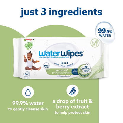 WaterWipes Sensitive+ Baby & Toddler Wipes, 720 Count (12 Packs), 3-In-1 Cleans, Cares, Protects, 99.9% Water, Textured Clean, Unscented