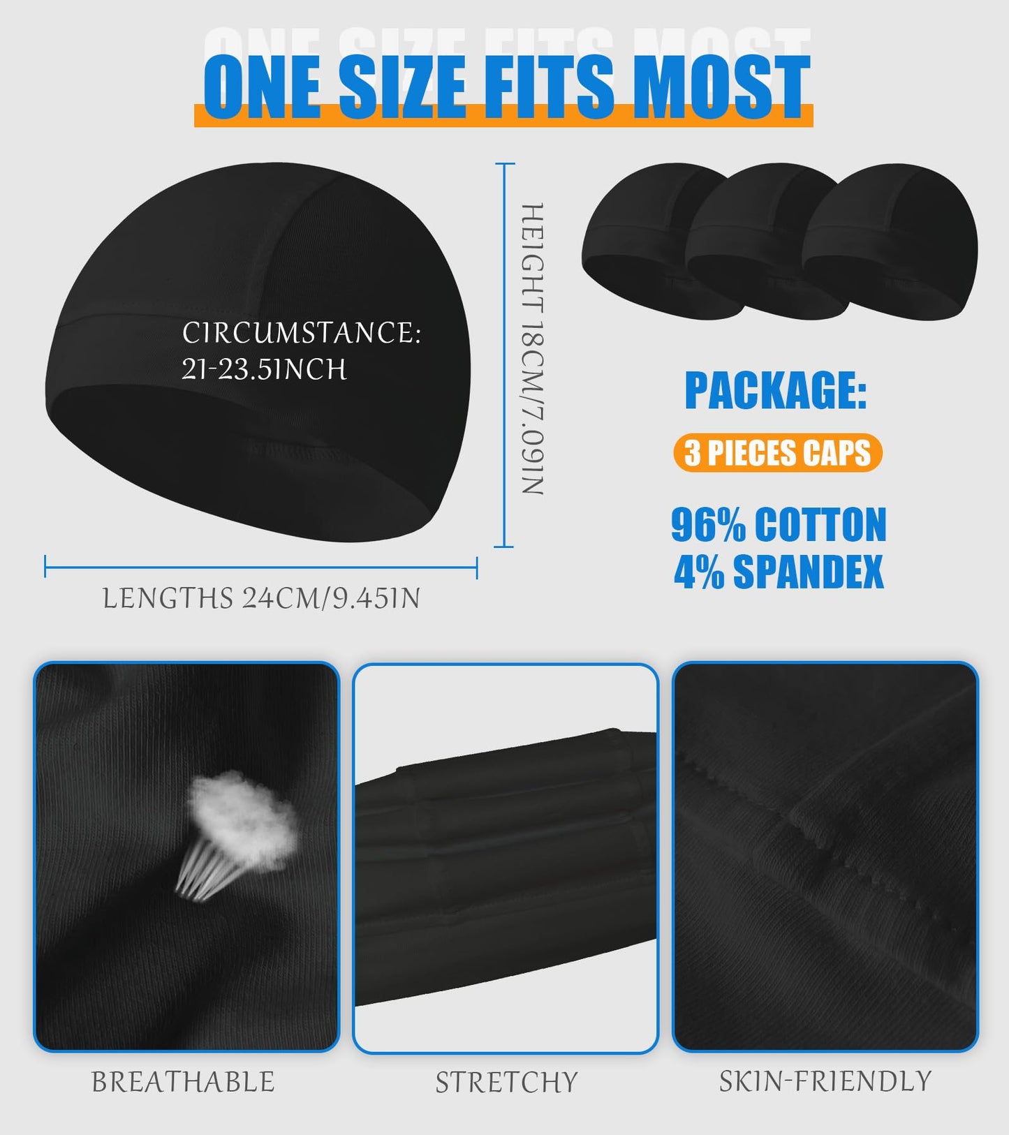 Hovyjumz 3 Pieces Cotton Skull Caps for Men Women Beanie Chemo Headwear Riding Helmet Liner Running Sleeping Hats