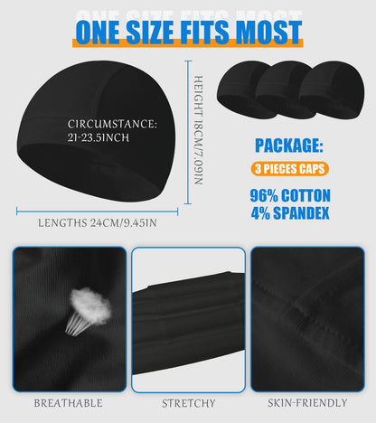 Hovyjumz 3 Pieces Cotton Skull Caps for Men Women Beanie Chemo Headwear Riding Helmet Liner Running Sleeping Hats