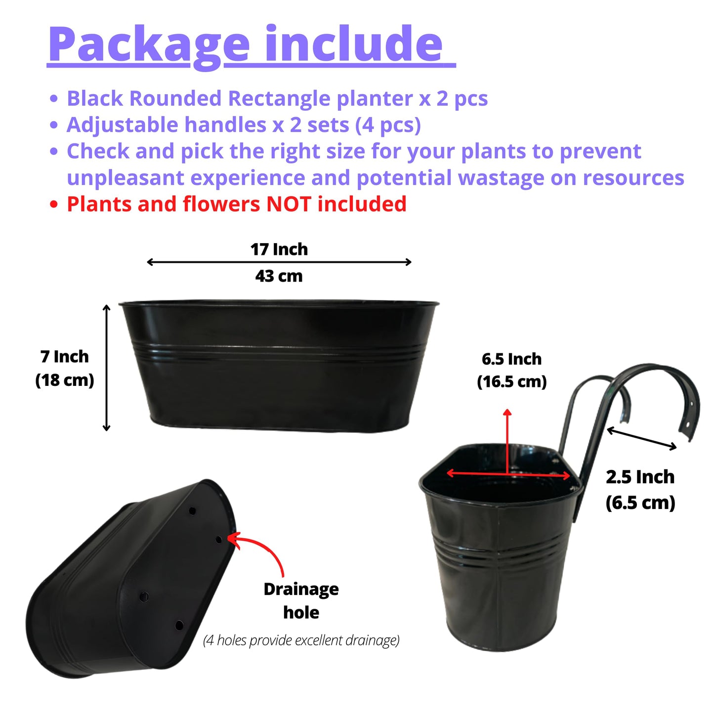 LaLaGreen Deck Railing Planter Box (17 Inch, 2 Pack) Large Black Metal Window Flower Boxes Outdoor, Wall Hanging Planters Plant Holder Hooks Fence Rail Bucket Modern Countryside Boho Style Patio Porch