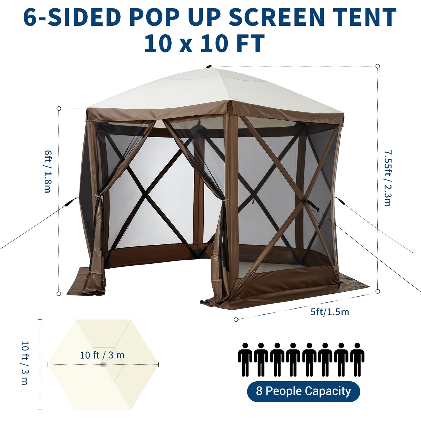 Hipicute 10x10ft Pop Up Gazebo Screen Tent with Mosquito Netting, 6 Sided Pop-Up Canopy Shelter Tent with Carrying Bag and Ground Stakes for Outdoor Camping, Lawn and Backyard
