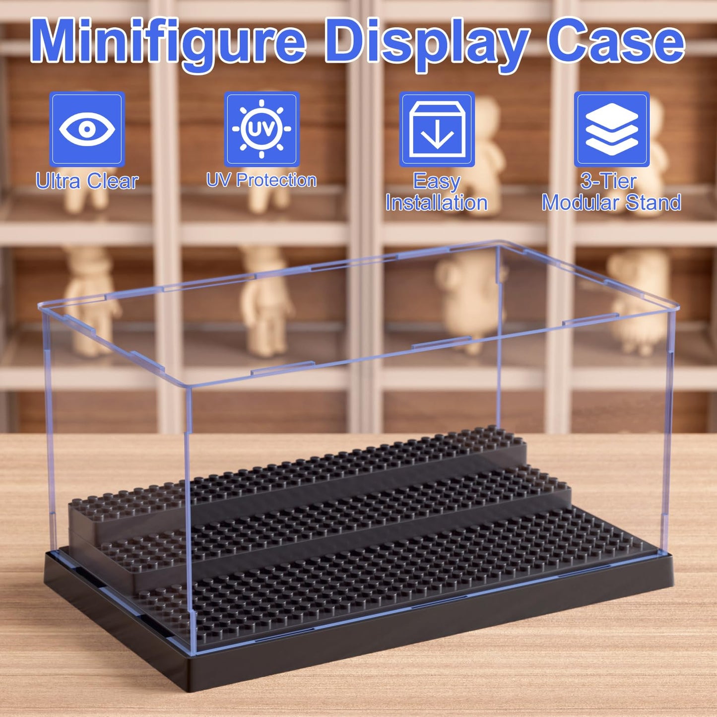 2 Pack Minifigure Display Case for Action Figures Blocks, Clear Dustproof Acrylic Display Box Storage with 3 Movable Steps Gifts for Children,Black…