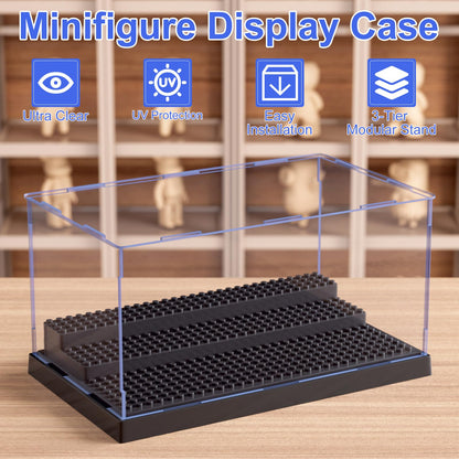 2 Pack Minifigure Display Case for Action Figures Blocks, Clear Dustproof Acrylic Display Box Storage with 3 Movable Steps Gifts for Children,Black…