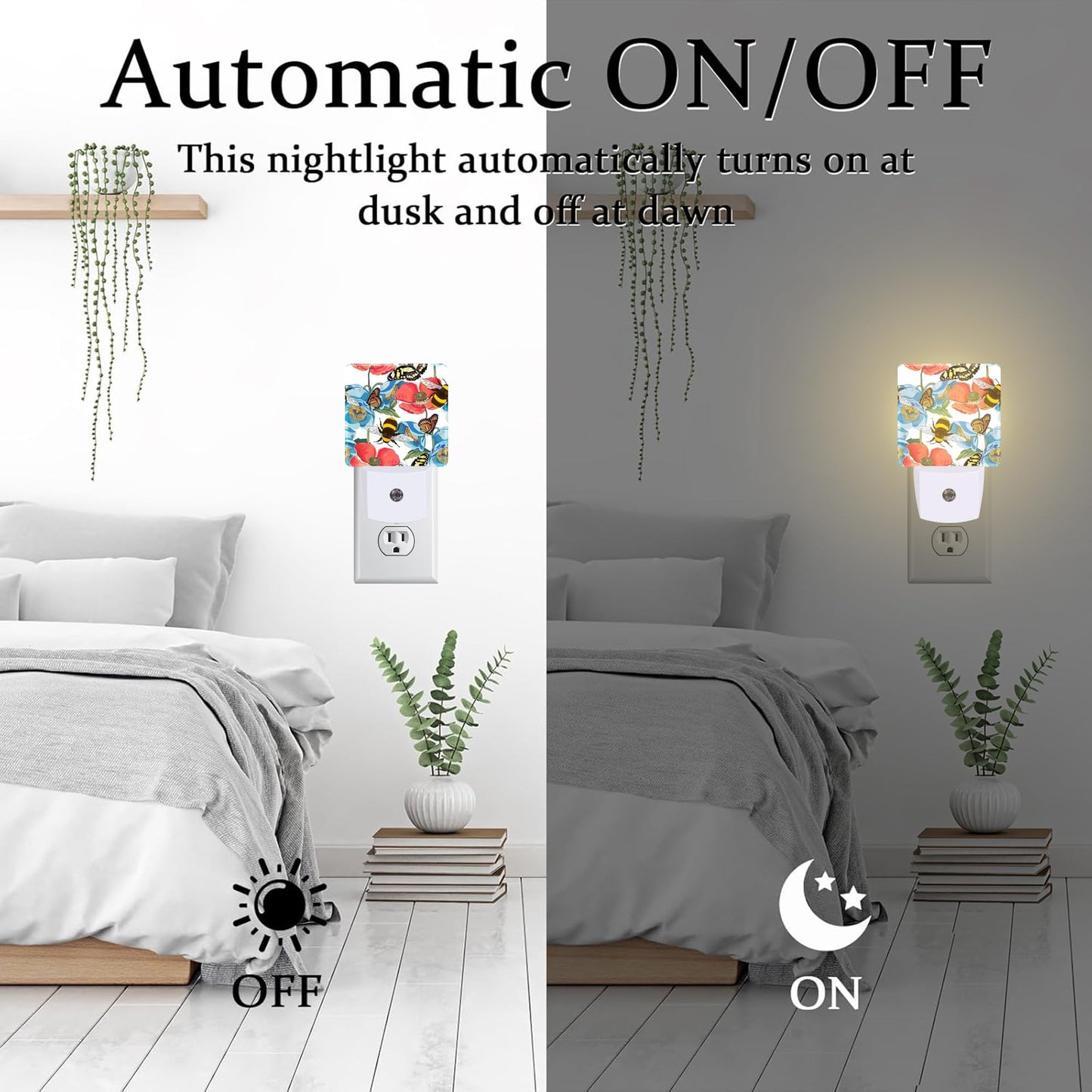 Red Poppy Flowers with Bee Butterflies Night Light for Kids,Bright Floral Insects Night Light Plug in with Dusk to Dawn Sensor,0.5w Energy Saving Nightlight for Hallway Stairway Kitchen Bedroom