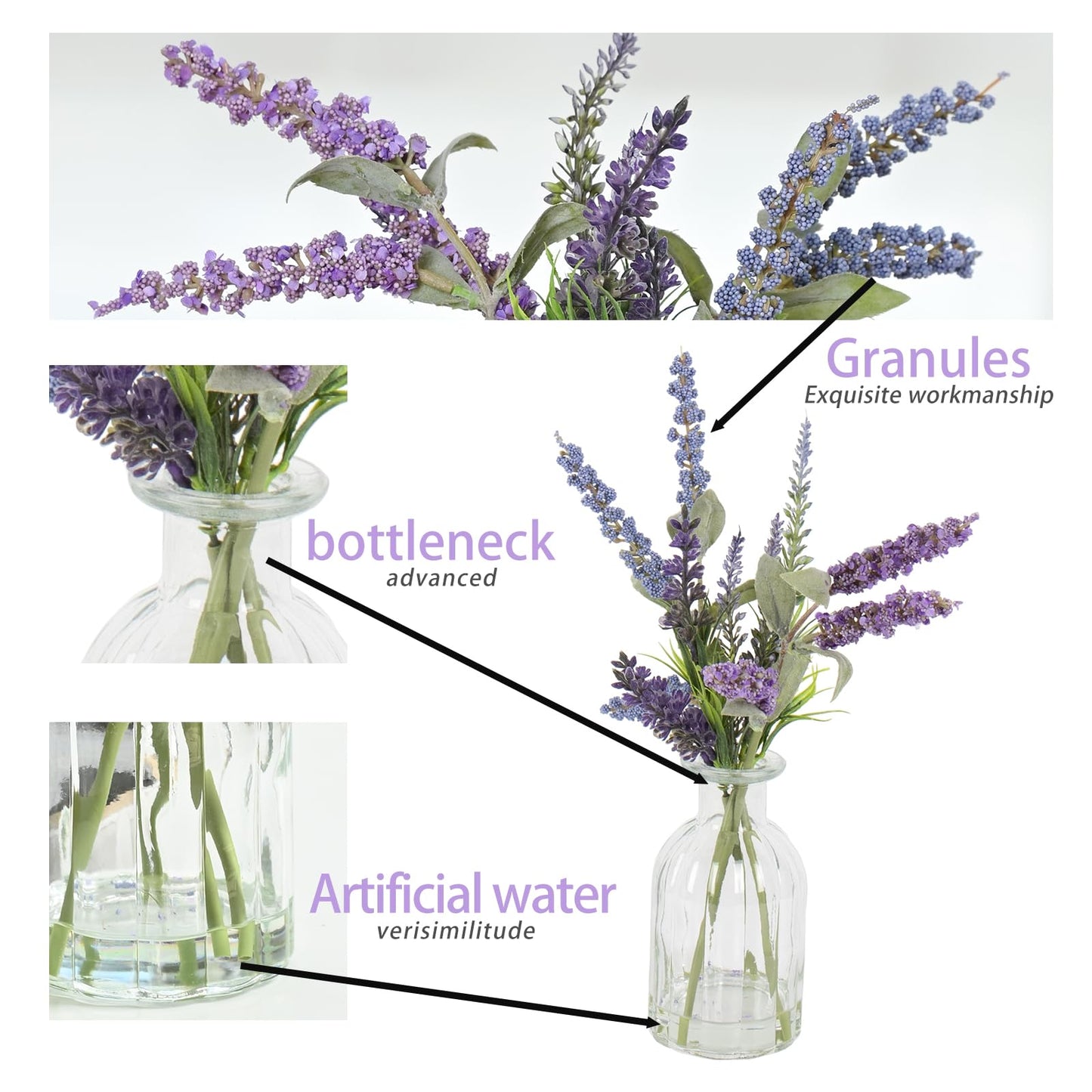 Abzo Fake Flowers- Artificial Lavender Plants in Glass Vase with Faux Water,Faux Silk Flowers Fake Plant Decor for Home Office, Bathroom Farmhouse Kitchen Dining Table Decor