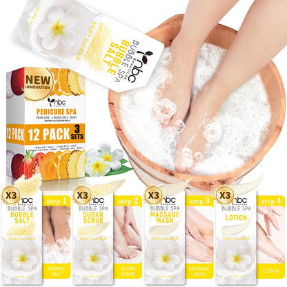 Pedicure Kit Foot Soak Set: Bubble Salt, Sugar Scrub, Massage Mask, Massage Lotion in a Box, 4 Step Foot Spa Kit for Dry Feet,Tired Feet（3 Set Tropical Fruit)