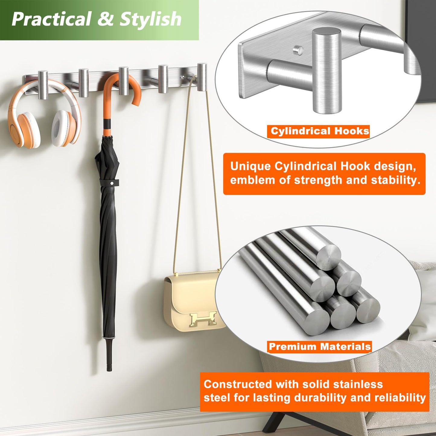 VINHOLD Wall Mounted Coat Rack-5 Hooks, Heavy Duty Stainless Steel Wall Hooks for Towel Coat Bag, Hat Rack Coat Hanger Coat Hooks Towel Racks for Bathroom Entryway Kitchen Hotel (Silvery, 1 Pack)