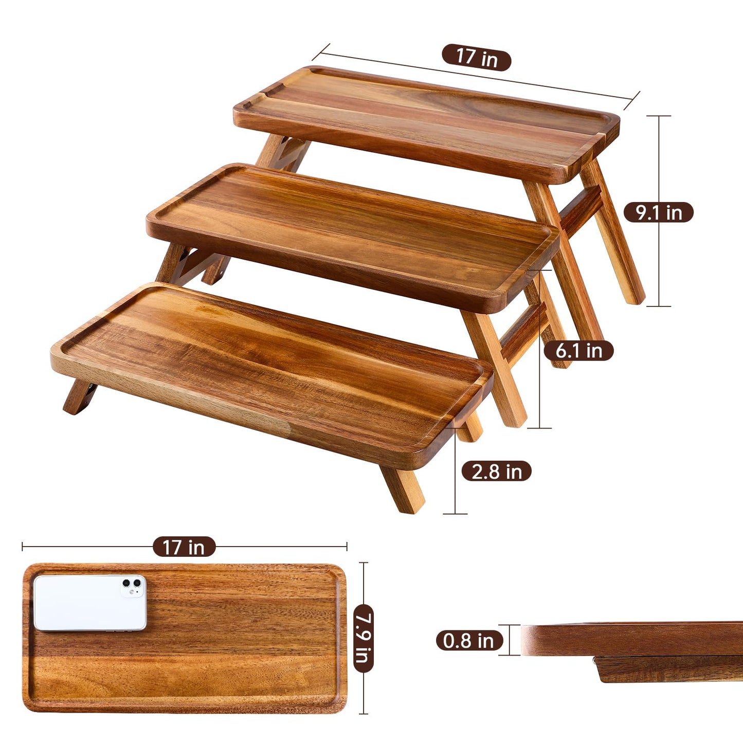 Tiered Serving Tray 17 Inch Acacia Wooden Cupcake Stand & Platters 3 Tiered Tray Foldable Dessert Table Display Set Decor for Party Charcuterie Boards for Birthday, Wedding, Christmas, Valentine's Day