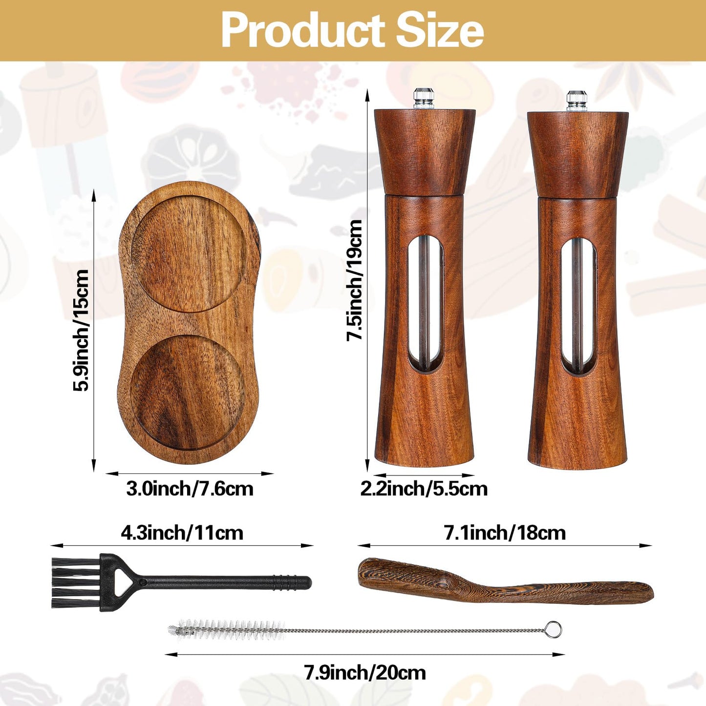Wood Salt and Pepper Grinder Set, 8 inch Manual Refillable Wooden Salt and Pepper Shakers Mill with Brush, Tray and Spoon, Adjustable Coarseness, Solid Wood with Ceramic Stainless Steel Core