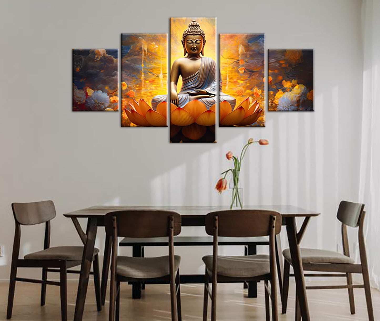 DJSYLIFE Gold Buddha Wall Art for Living Room Large 5 Piece Zen Photo Picture HD Canvas Print Paintings for Yoga Room Home Decor Modern Artwork Framed Ready to Hang Decorations (60" W x 32" H)