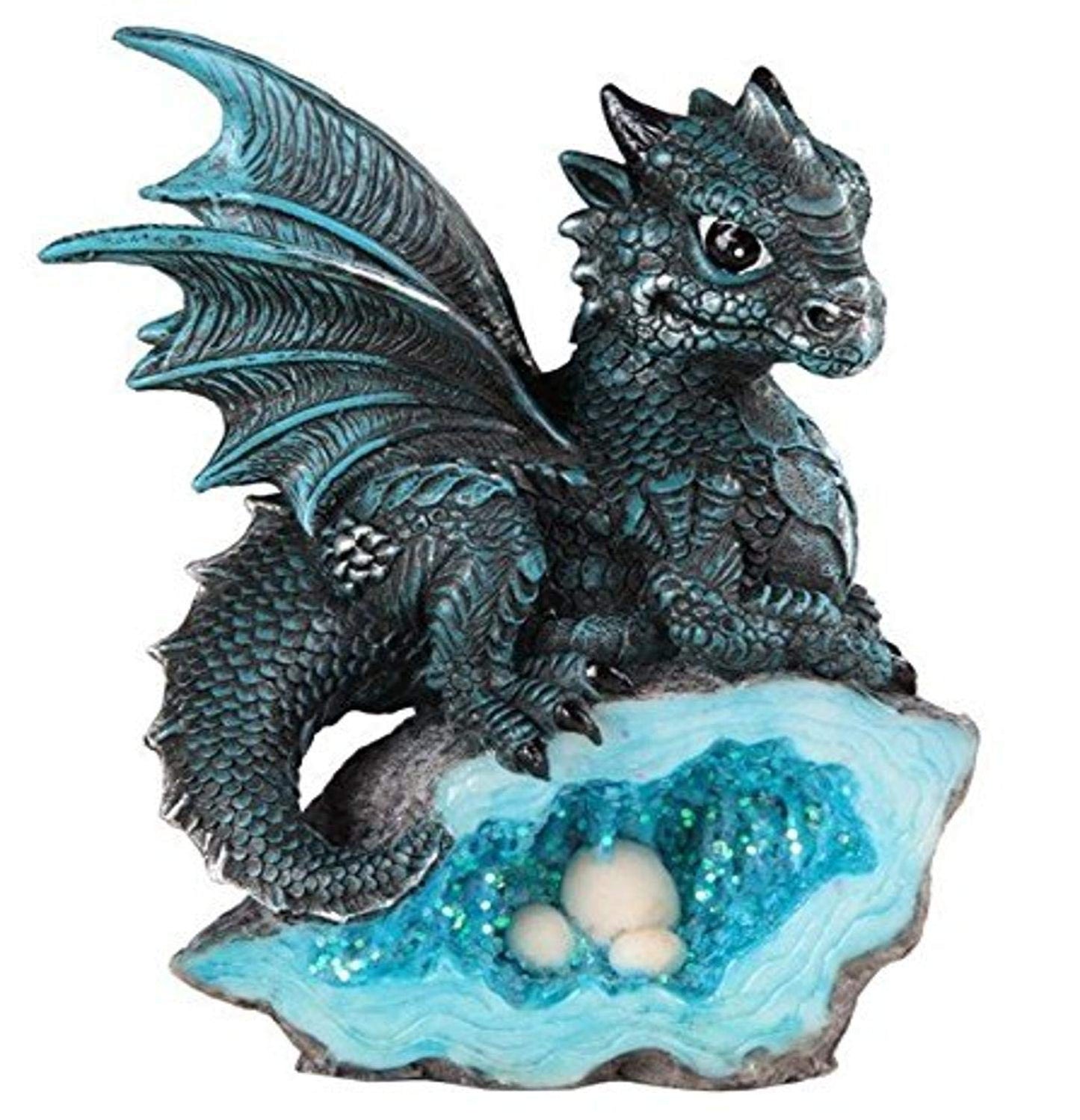 Le Elegant 71581 Blue Medieval Baby Dragon with Crystal Egg Nest Decorative Figurine