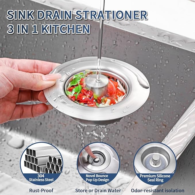 3-in-1 Kitchen Sink Drain Strainer & Sink Stopper