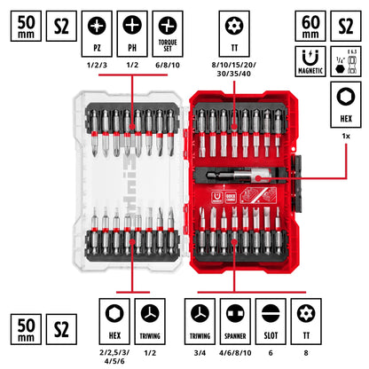 Original Einhell M-CASE 33-piece bit set (for cordless screwdrivers and power drills with 50 mm bits made of S2 steel, quick-change bit holder made of carbon steel incl. storage box)