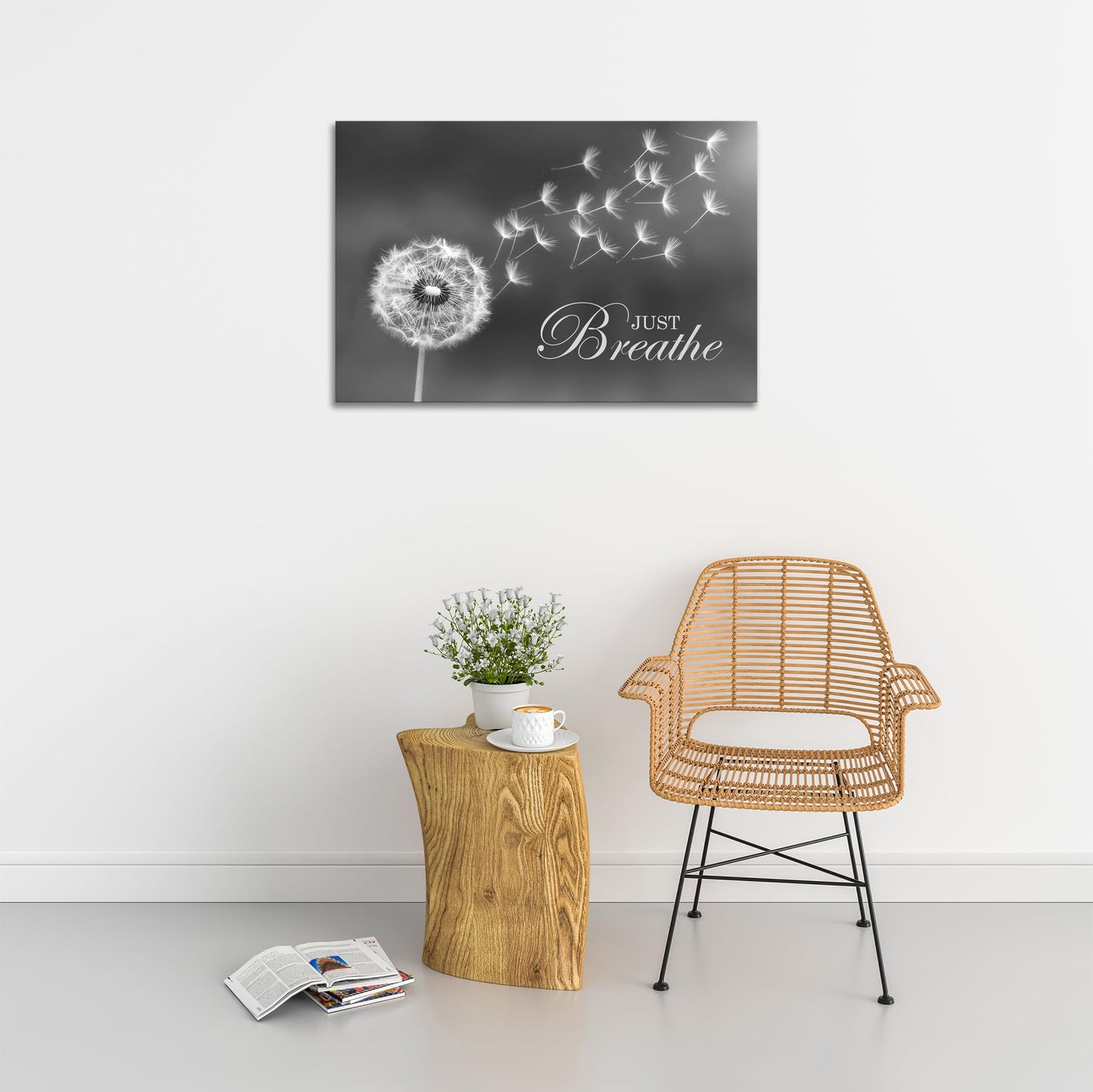 SKASNFAI Black and White Dandelion Zen Wall Art Canvas Just Breathe Motivation Positive Picture Art Print for Spa Yoga Meditation Wall Decor Ready to Hang (16L x 24W)