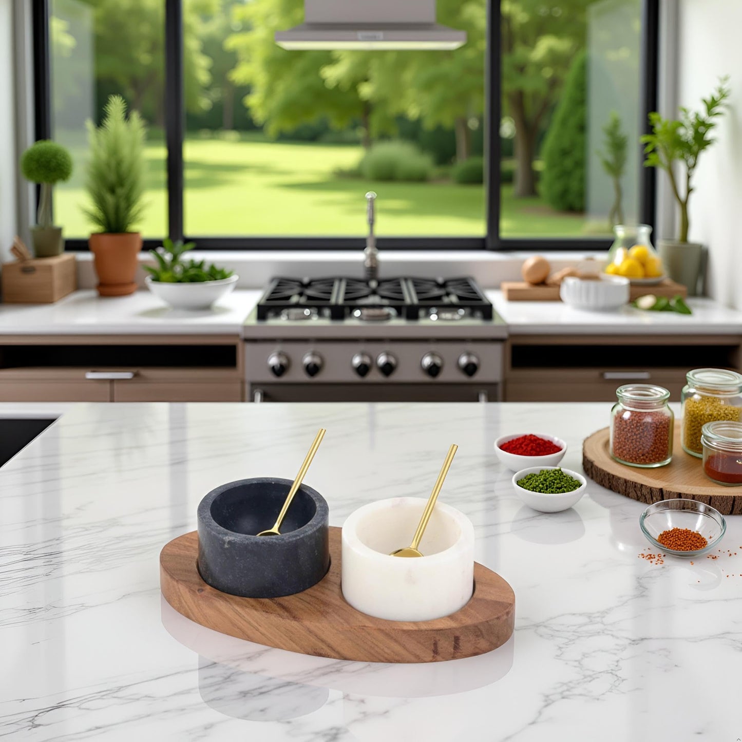 Cruiser’s Caché 2 Piece White and Black Marble Salt and Spice Cellar or Dipping Bowls with Wood Tray and Gold Spoons